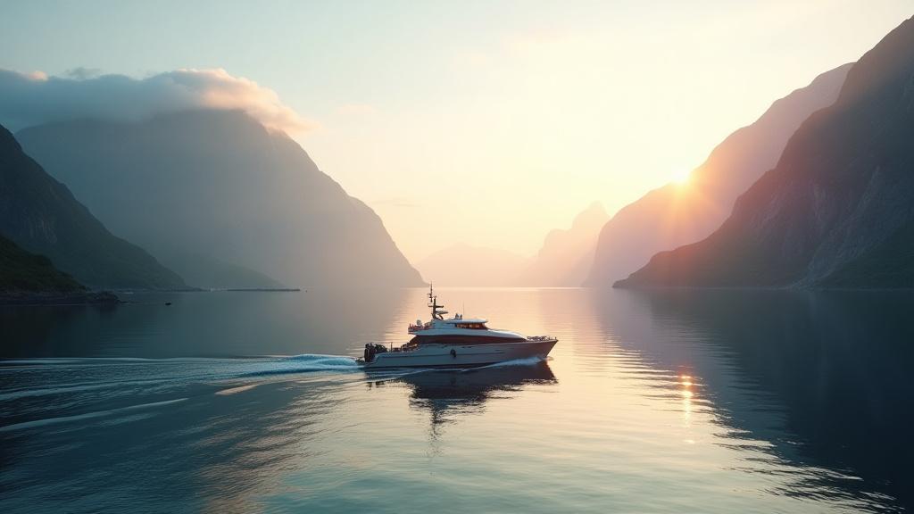 En moderne fiskebåt som navigerer i en norsk fjord med Rorbu Rutes teknologi. Krystallklart vann og majestetiske fjell i bakgrunnen.